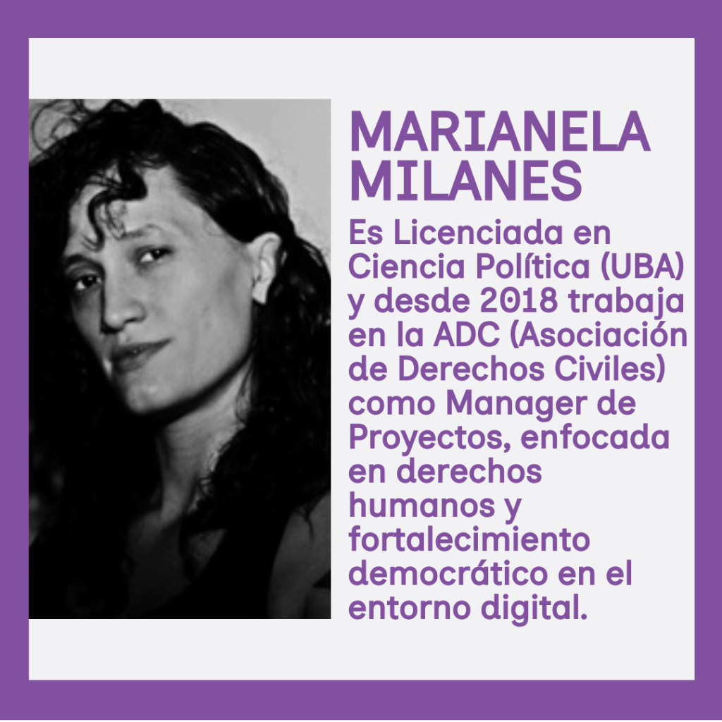 Marianela Milanes. Foto a la izquierda y reseña de trayectoria a la derecha